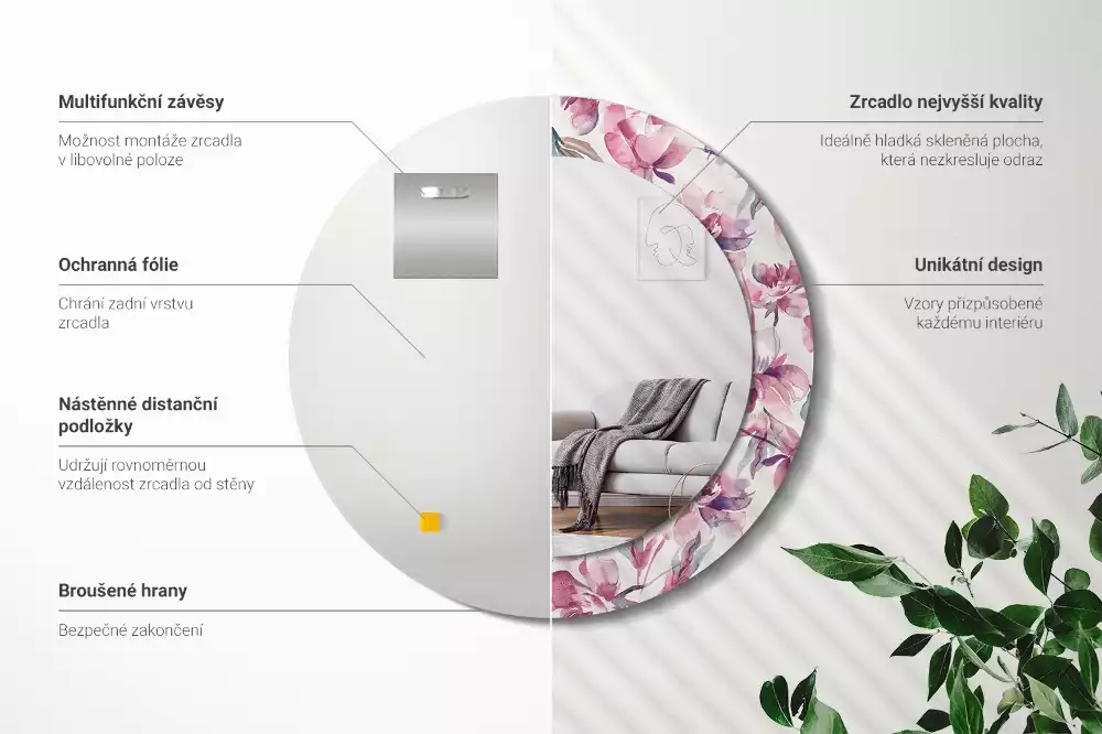 Okrúhle zrkadlo s potlačeným rámom Kvety pivoniek