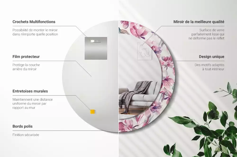 Okrúhle zrkadlo s potlačeným rámom Kvety pivoniek