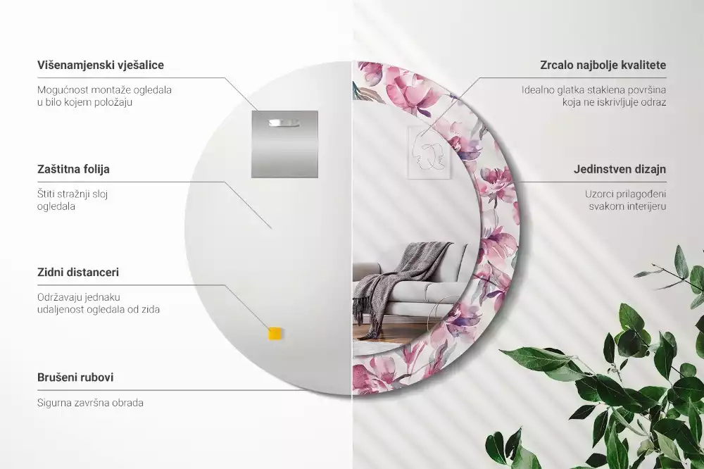 Okrúhle zrkadlo s potlačeným rámom Kvety pivoniek