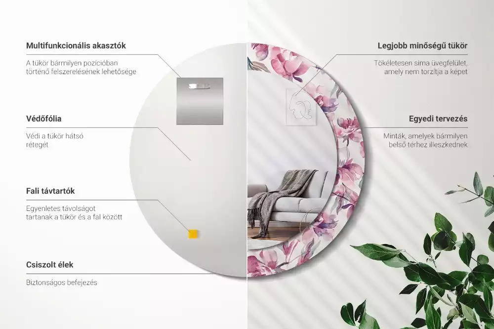 Okrúhle zrkadlo s potlačeným rámom Kvety pivoniek