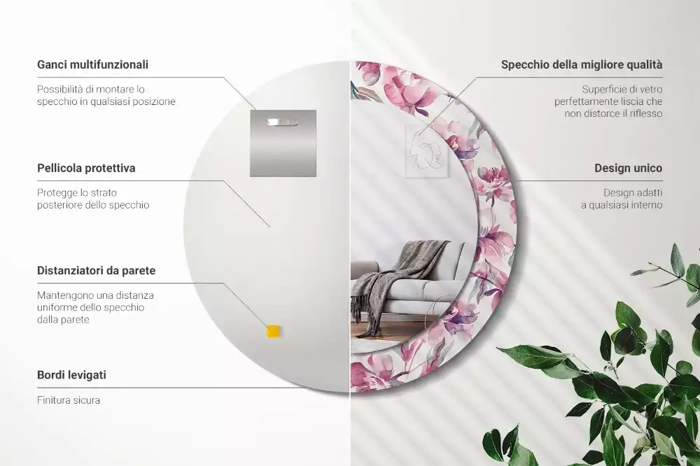 Okrúhle zrkadlo s potlačeným rámom Kvety pivoniek