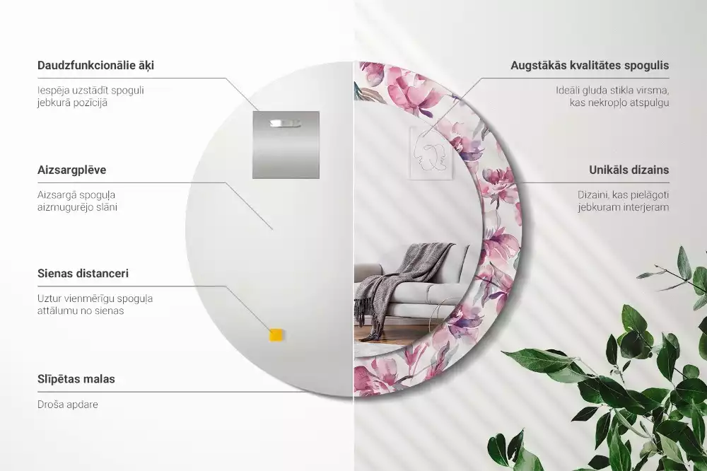 Okrúhle zrkadlo s potlačeným rámom Kvety pivoniek