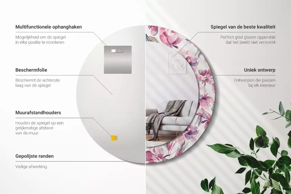 Okrúhle zrkadlo s potlačeným rámom Kvety pivoniek