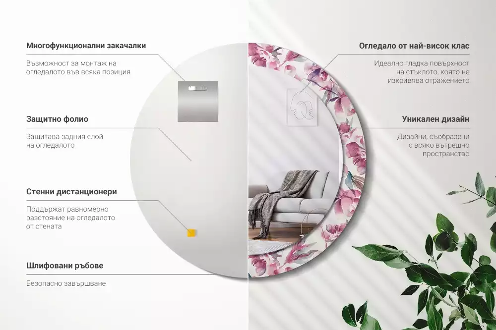 Okrúhle zrkadlo s potlačeným rámom Kvety pivoniek