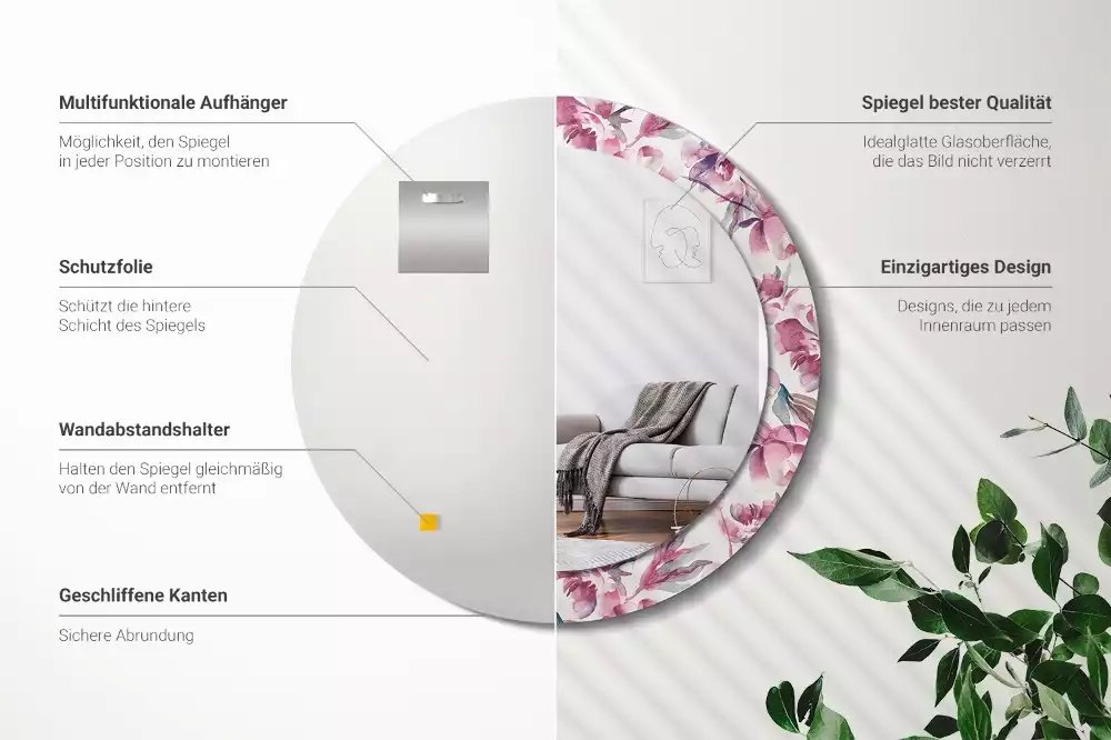 Okrúhle zrkadlo s potlačeným rámom Kvety pivoniek