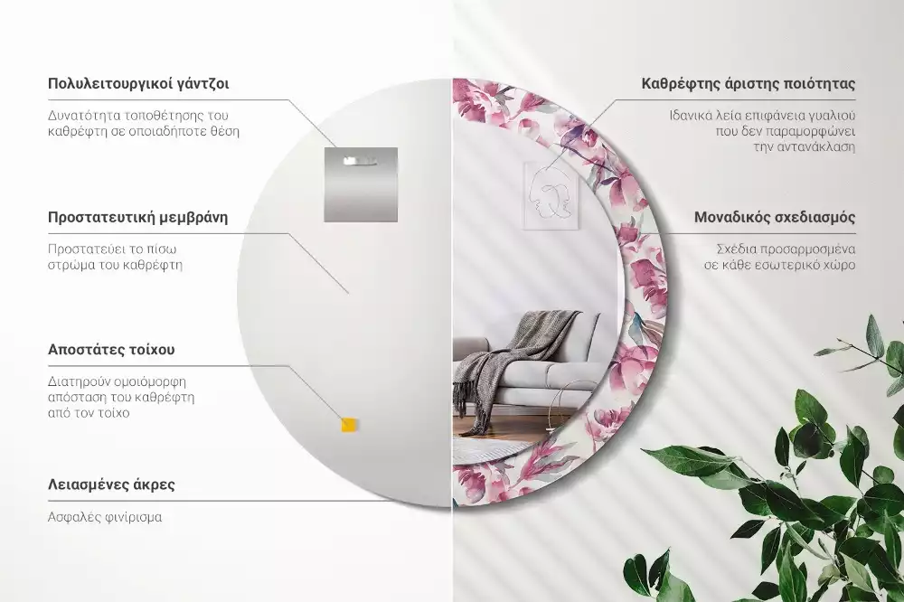 Okrúhle zrkadlo s potlačeným rámom Kvety pivoniek