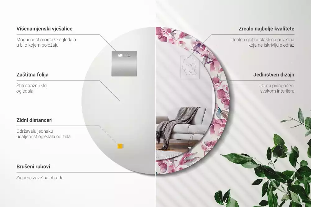 Okrúhle zrkadlo s potlačeným rámom Kvety pivoniek