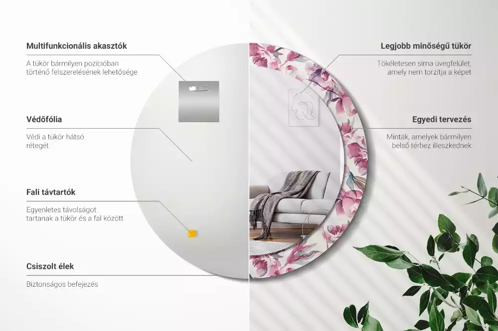 Okrúhle zrkadlo s potlačeným rámom Kvety pivoniek