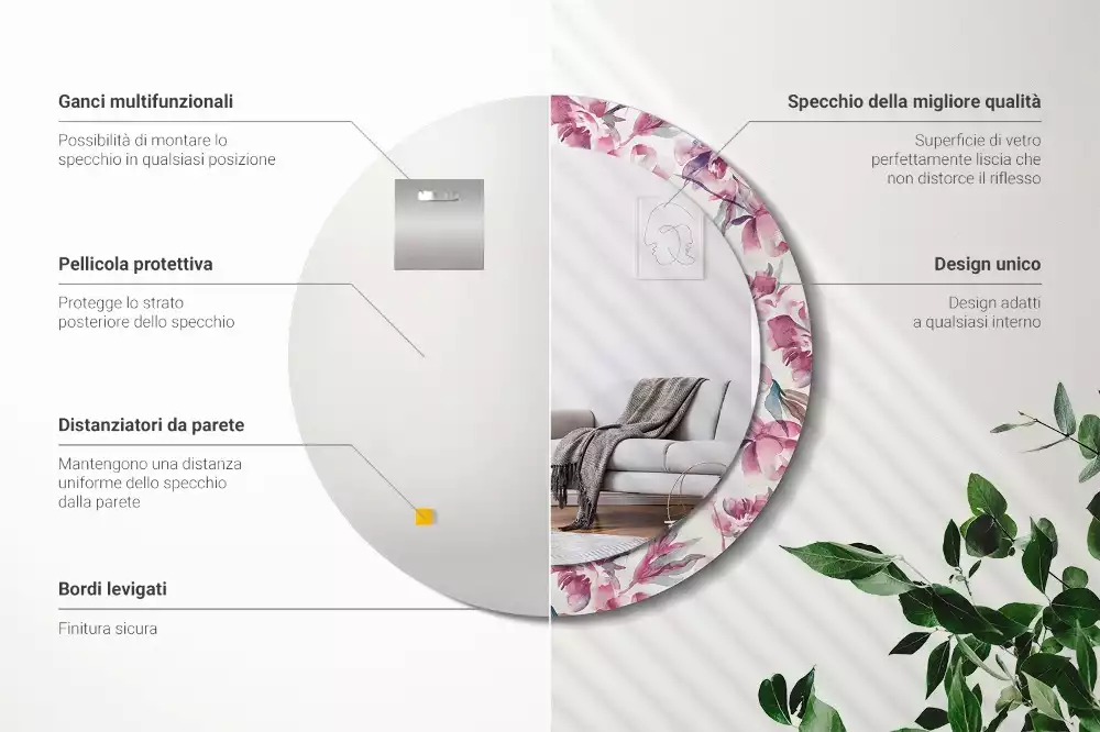 Okrúhle zrkadlo s potlačeným rámom Kvety pivoniek