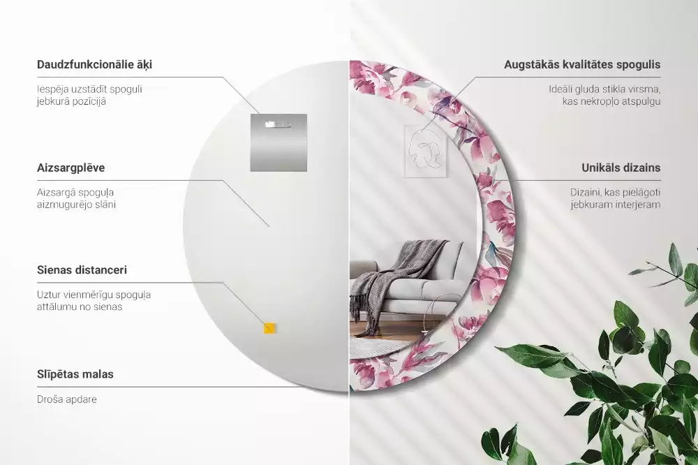 Okrúhle zrkadlo s potlačeným rámom Kvety pivoniek