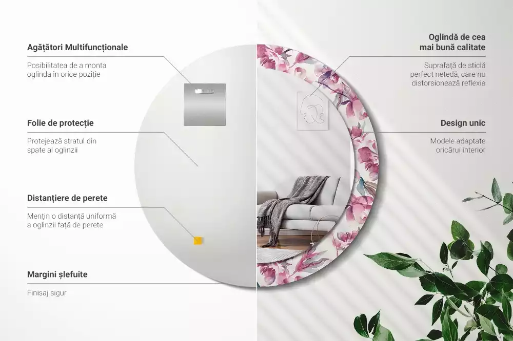 Okrúhle zrkadlo s potlačeným rámom Kvety pivoniek