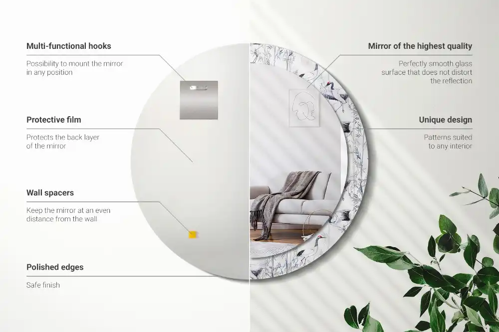 Okrúhle zrkadlo s potlačeným rámom Žeriavy vtáky