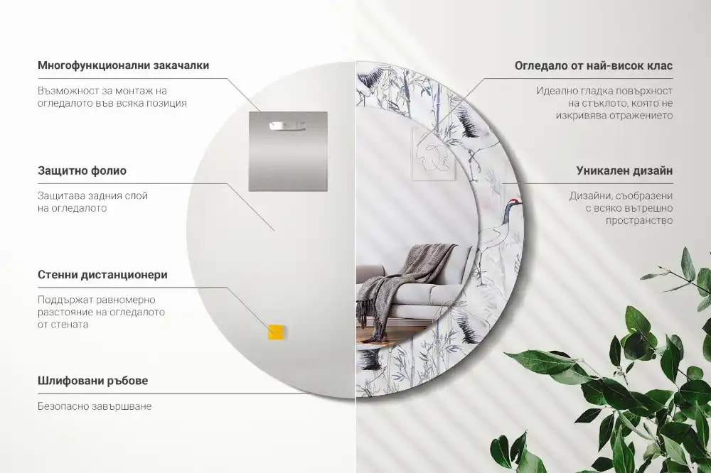 Okrúhle zrkadlo s potlačeným rámom Žeriavy vtáky