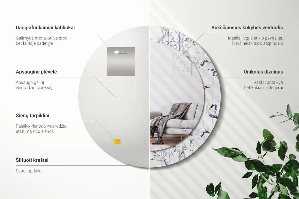 Okrúhle zrkadlo s potlačeným rámom Žeriavy vtáky