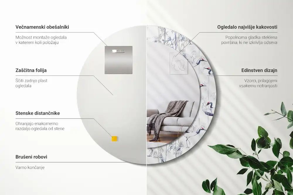 Okrúhle zrkadlo s potlačeným rámom Žeriavy vtáky