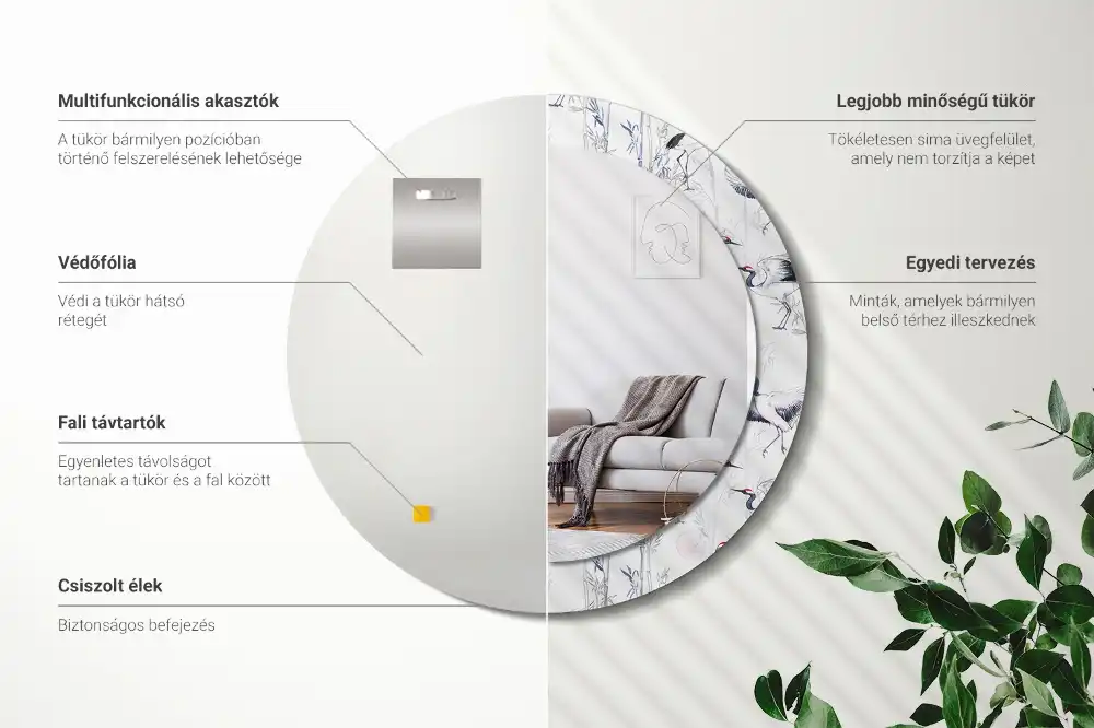 Okrúhle zrkadlo s potlačeným rámom Žeriavy vtáky