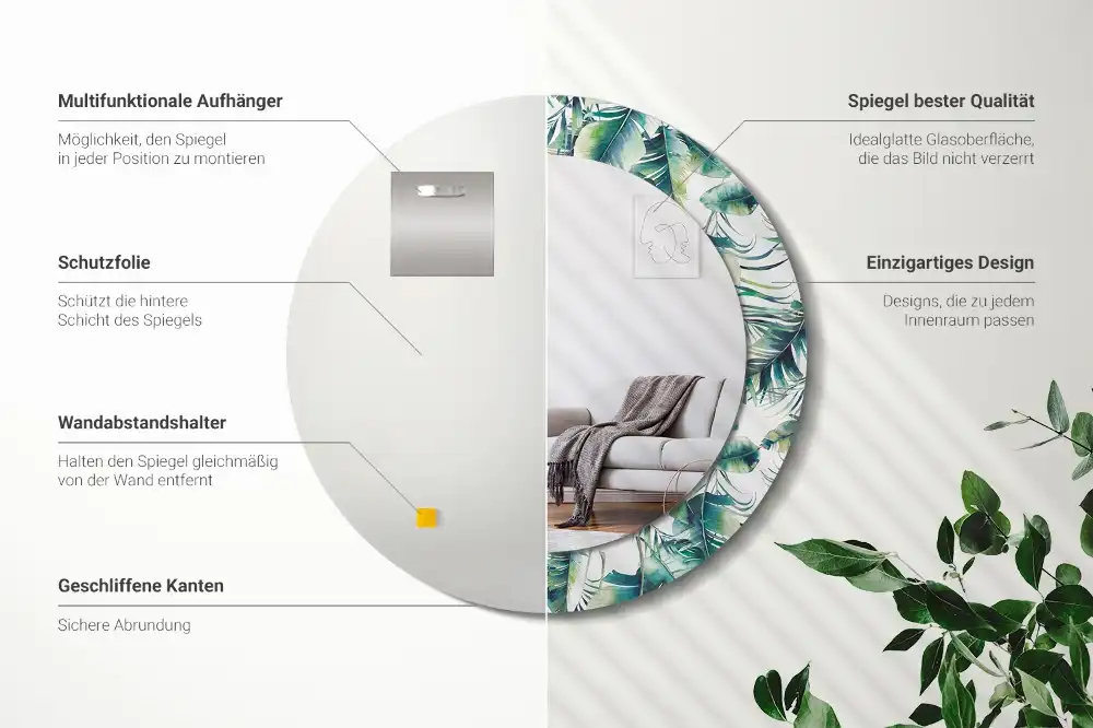 Okrúhle zrkadlo s potlačeným rámom Listy