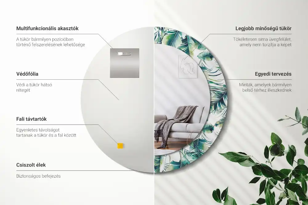 Okrúhle zrkadlo s potlačeným rámom Listy