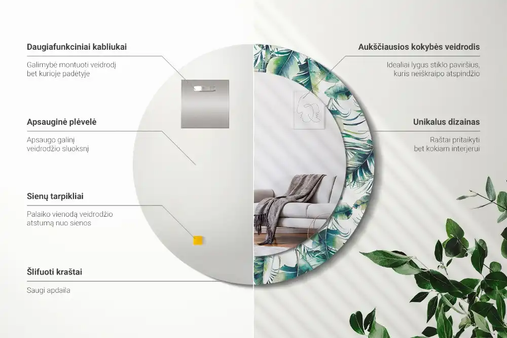 Okrúhle zrkadlo s potlačeným rámom Listy