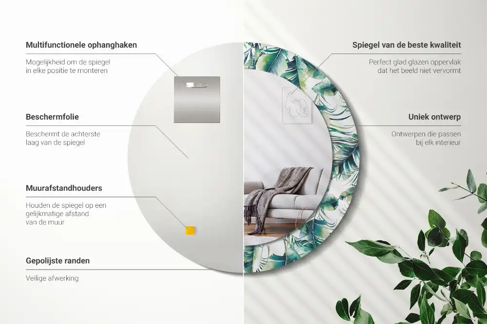 Okrúhle zrkadlo s potlačeným rámom Listy