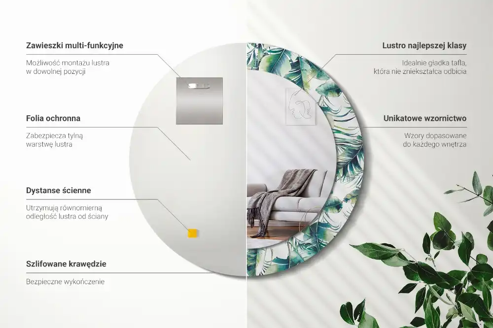 Okrúhle zrkadlo s potlačeným rámom Listy