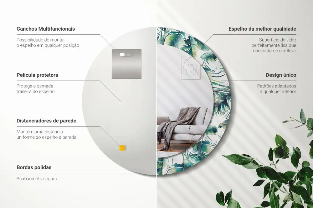 Okrúhle zrkadlo s potlačeným rámom Listy