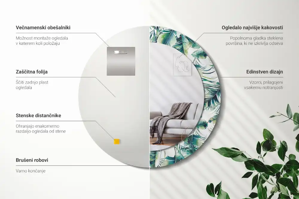 Okrúhle zrkadlo s potlačeným rámom Listy