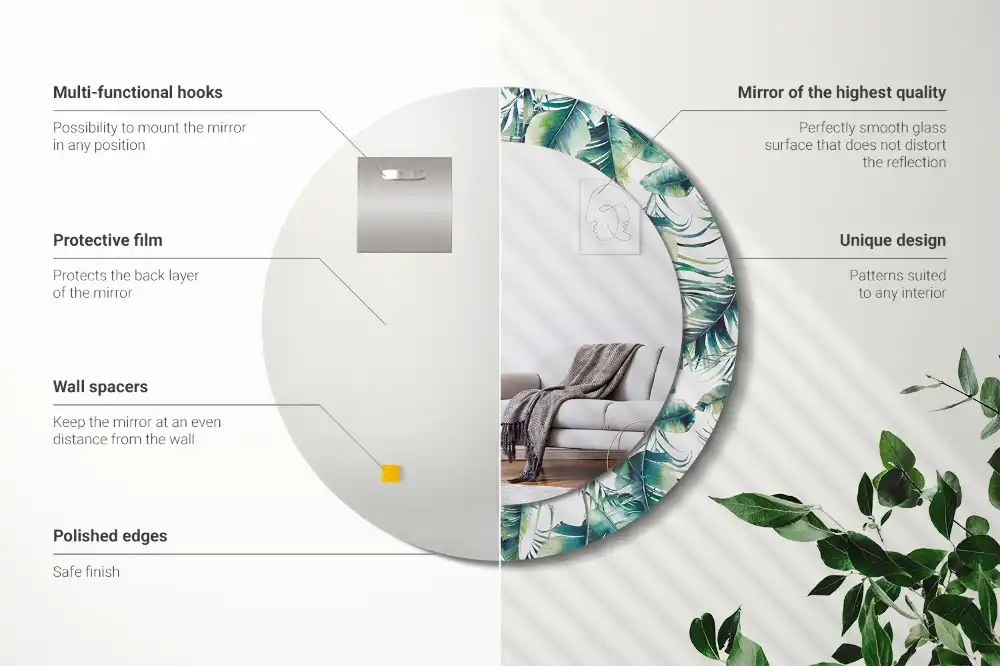 Okrúhle zrkadlo s potlačeným rámom Listy