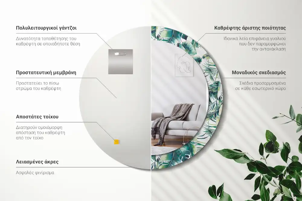 Okrúhle zrkadlo s potlačeným rámom Listy