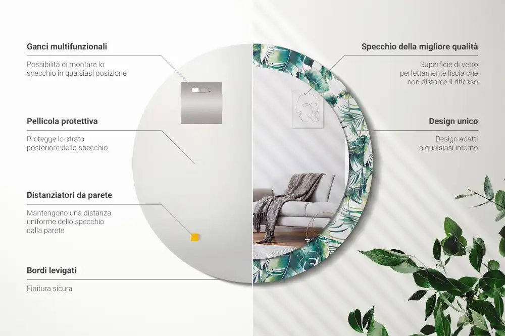 Okrúhle zrkadlo s potlačeným rámom Listy