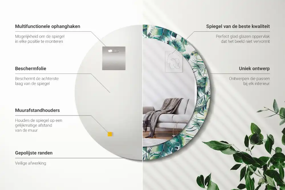 Okrúhle zrkadlo s potlačeným rámom Listy