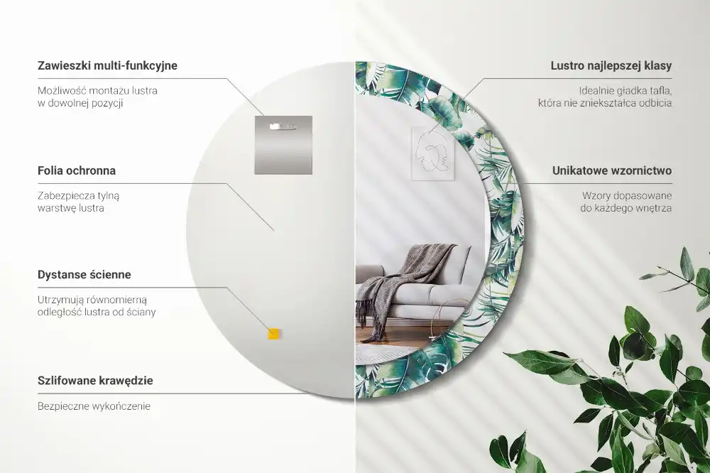 Okrúhle zrkadlo s potlačeným rámom Listy