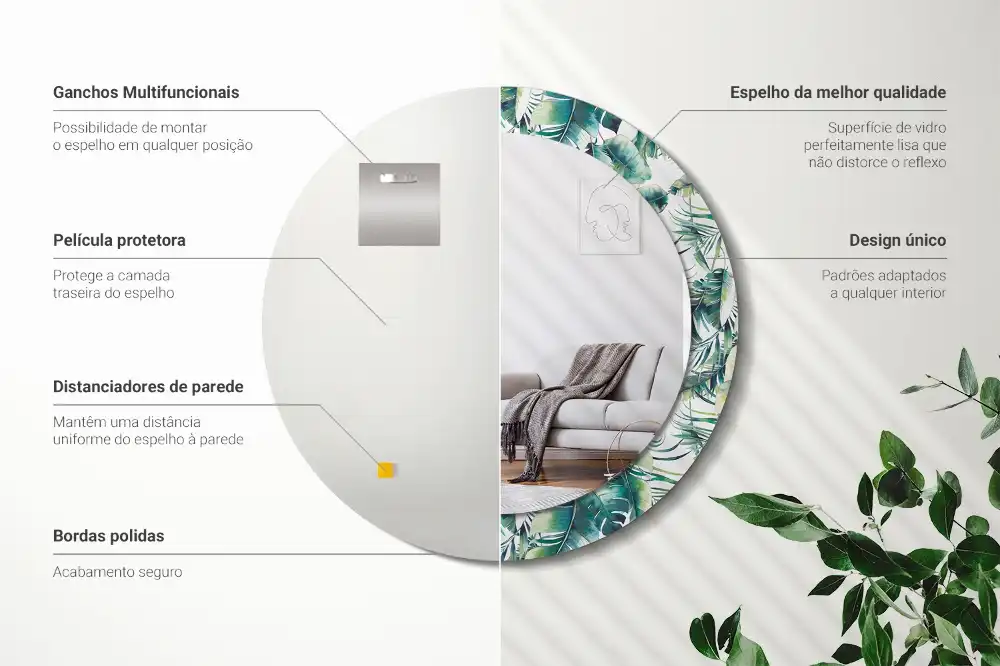 Okrúhle zrkadlo s potlačeným rámom Listy