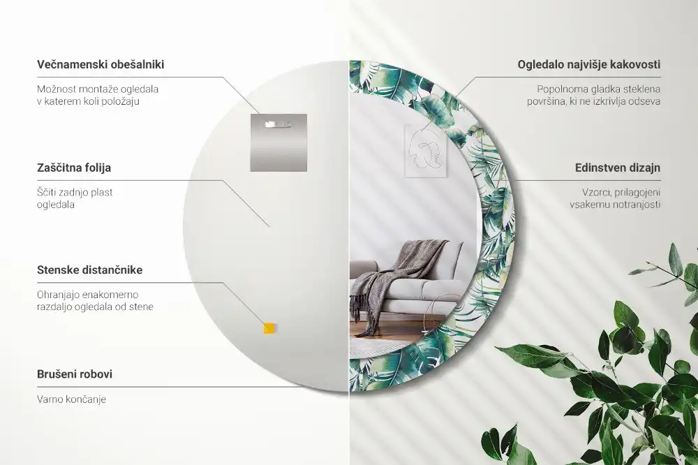 Okrúhle zrkadlo s potlačeným rámom Listy