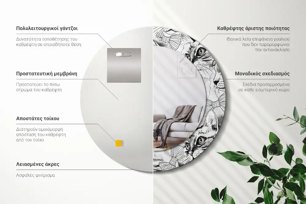 Okrúhle zrkadlo rám s potlačou Mačky