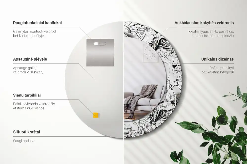 Okrúhle zrkadlo rám s potlačou Mačky