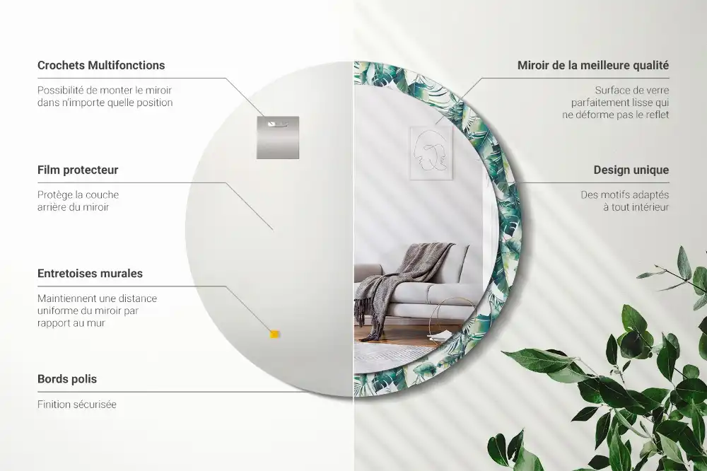 Okrúhle zrkadlo s potlačeným rámom Čierne a biele perie