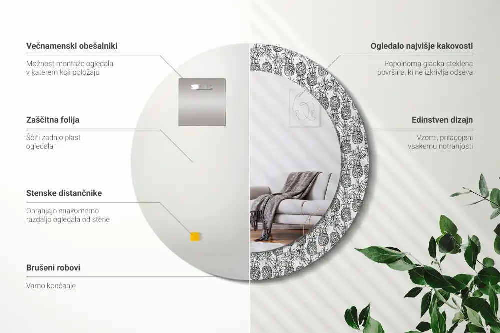 Okrúhle zrkadlo rám s potlačou Ananásy