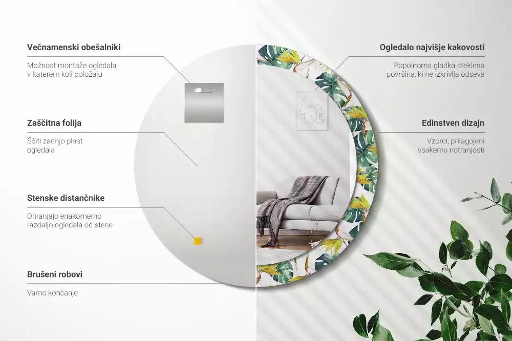 Okrúhle dekoračné zrkadlo na stenu Tropické listy