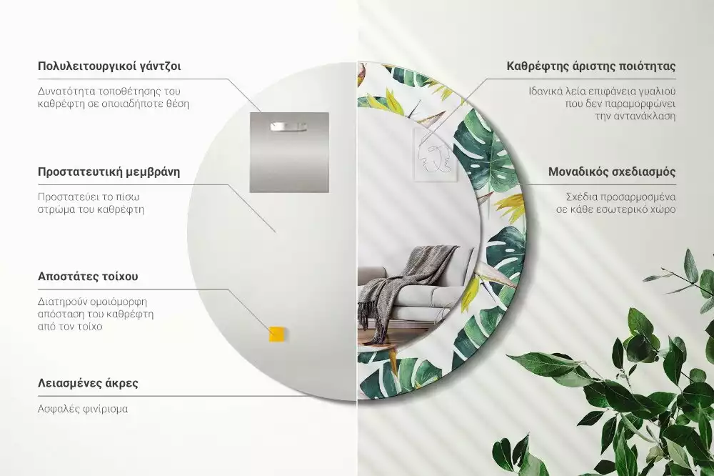 Okrúhle dekoračné zrkadlo na stenu Tropické listy