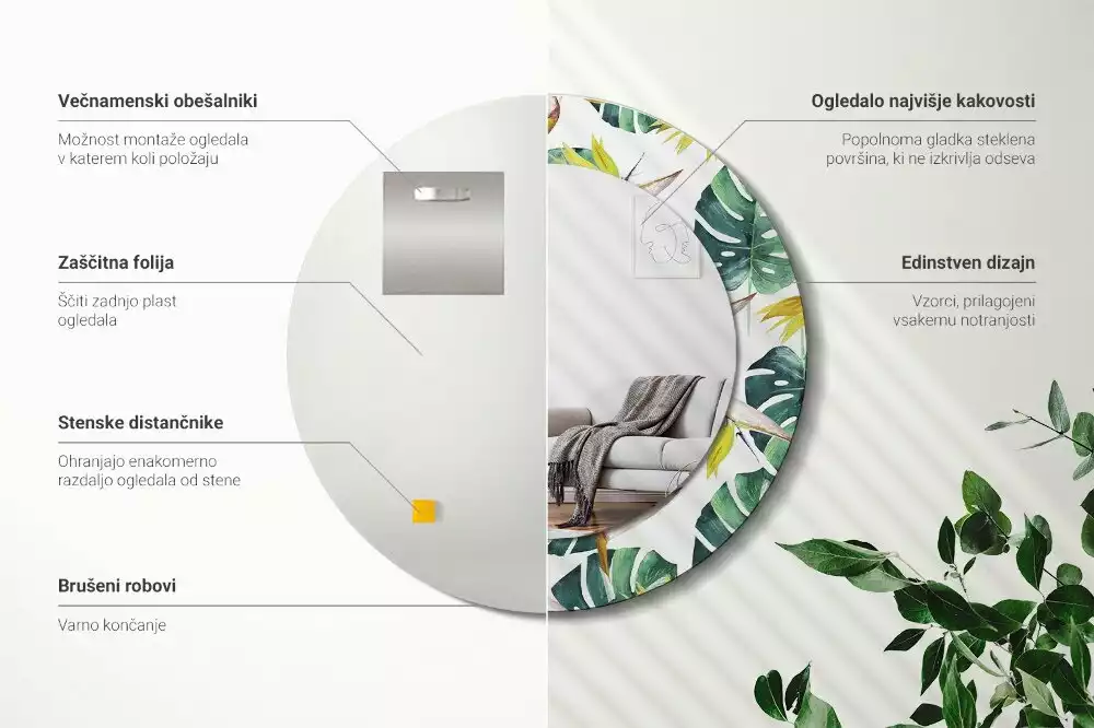 Okrúhle dekoračné zrkadlo na stenu Tropické listy