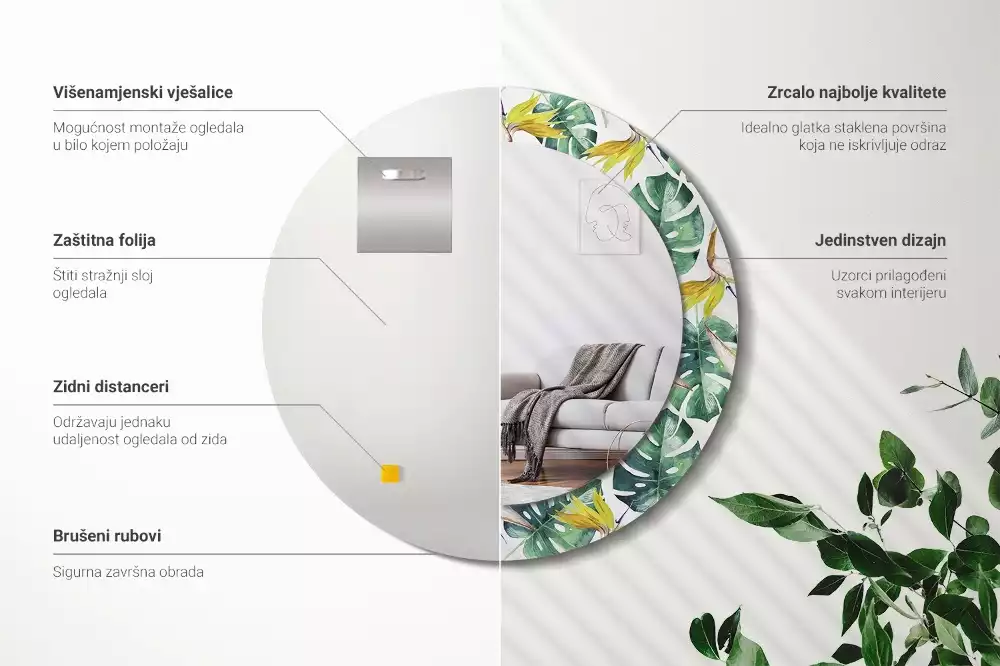 Okrúhle dekoračné zrkadlo na stenu Tropické listy