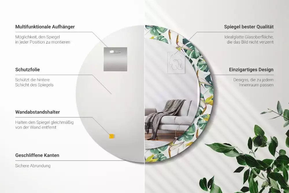 Okrúhle dekoračné zrkadlo na stenu Tropické listy