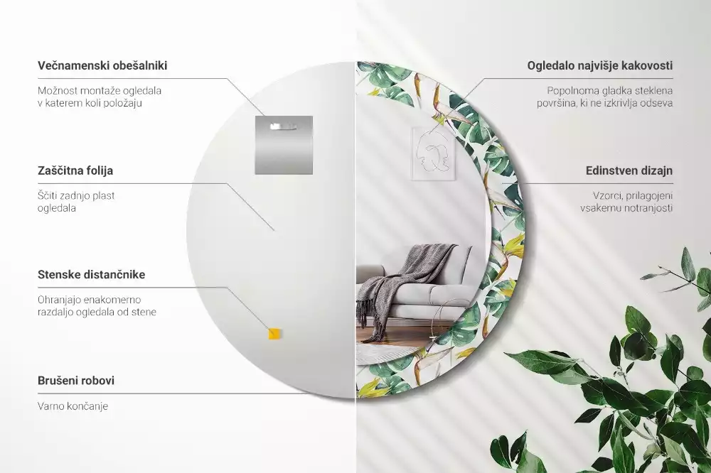 Okrúhle dekoračné zrkadlo na stenu Tropické listy