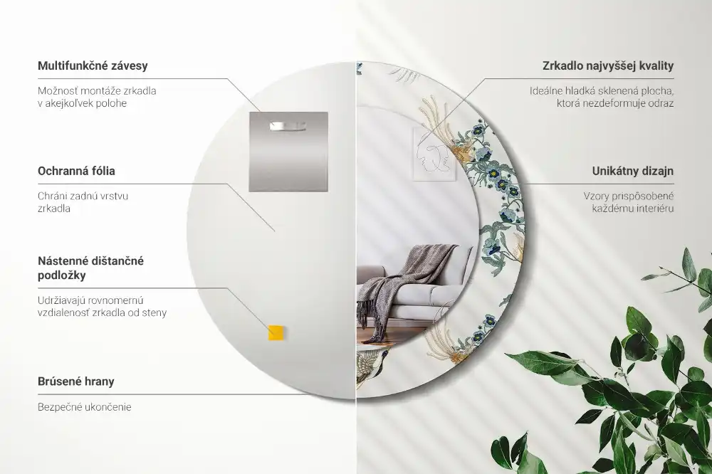 Okrúhle zrkadlo s potlačeným rámom Čínske vtáky