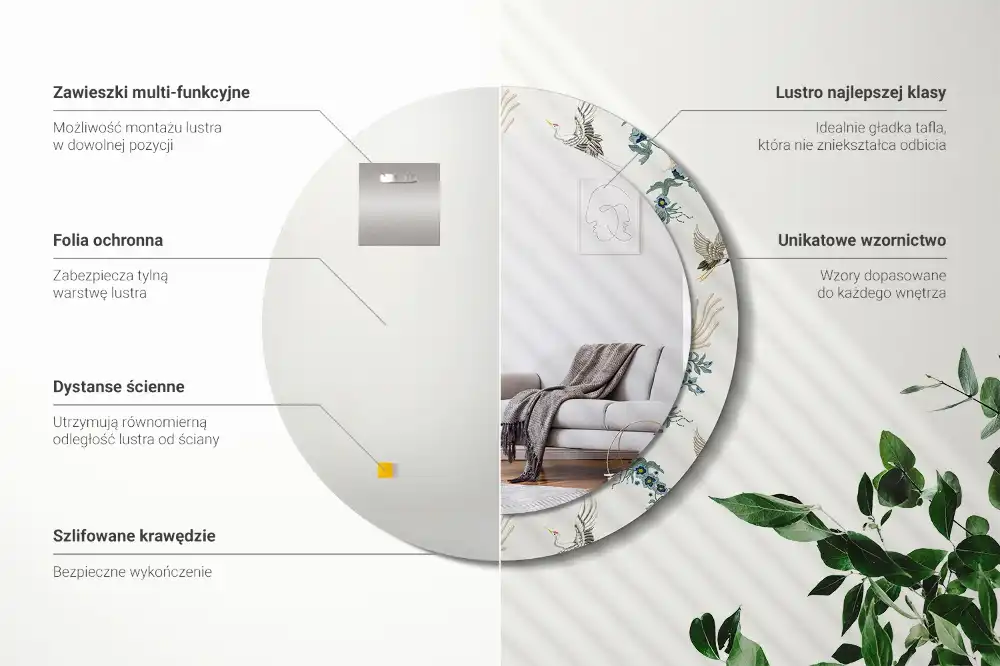 Okrúhle zrkadlo s potlačeným rámom Čínske vtáky