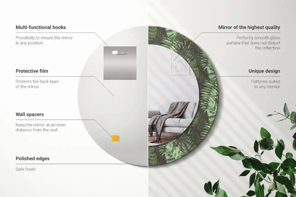 Okrúhle zrkadlo rám s potlačou Tropické listy