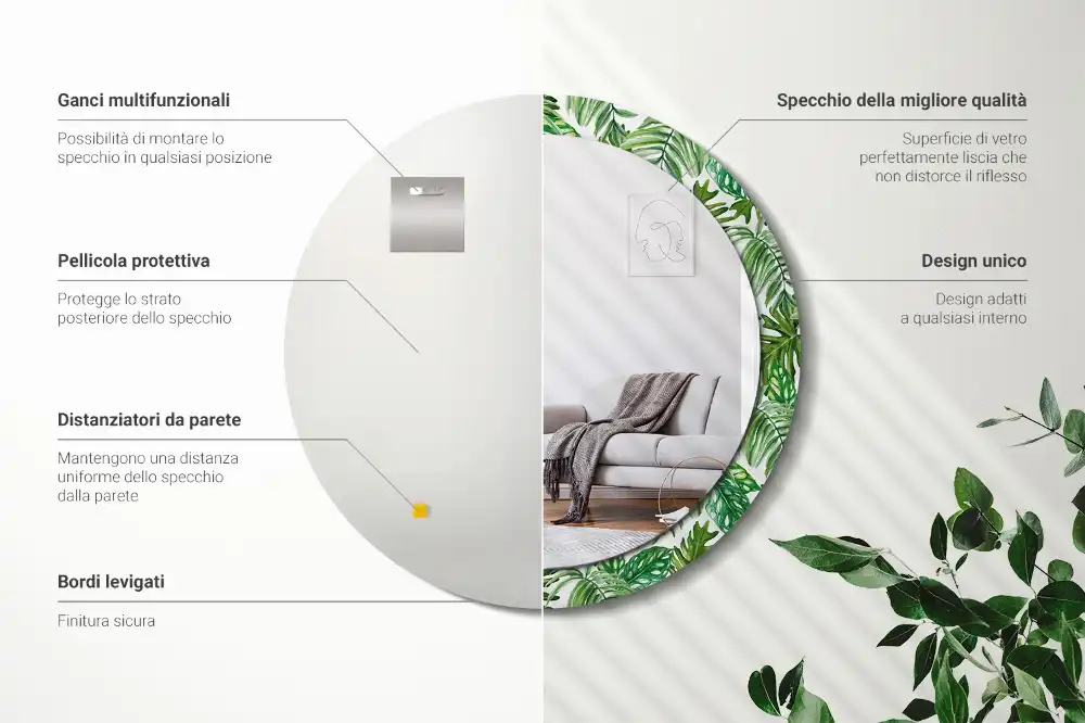 Okrúhle zrkadlo s potlačeným rámom Listy džungle