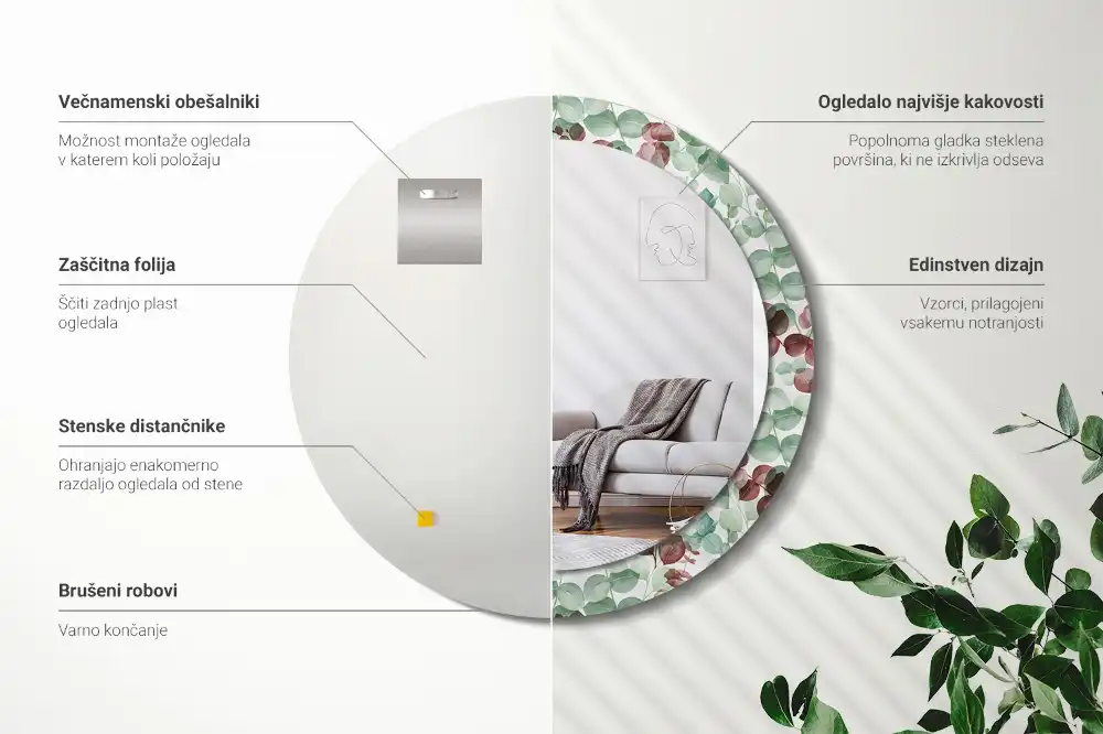 Okrúhle zrkadlo rám s potlačou Eukalyptus