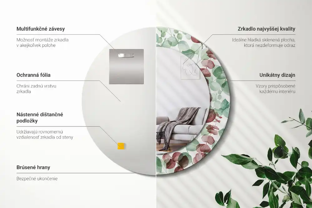 Okrúhle zrkadlo rám s potlačou Eukalyptus